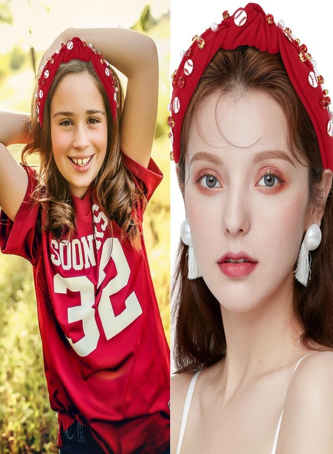 YARIEW Baseball Top Knot Headband for Women & Girls - Wide Knotted Jeweled Accessory for Game Day, Sports Fan, Mom, Halloween & Christmas Gifts (Red) - Image 4